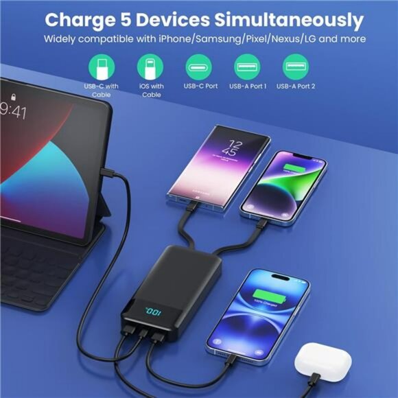 40800mAh Power Bank Fast Charger Built In Cables USB C for iPhone Android - Picture 4 of 8